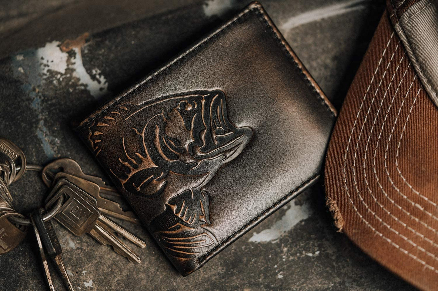 House of Jack Co. Bass Fish Double ID Bifold Wallet for Men, Full Grain Leather Bifold Wallet, 2 ID Windows, 10 Card Slots, Fishing Wallet, Black