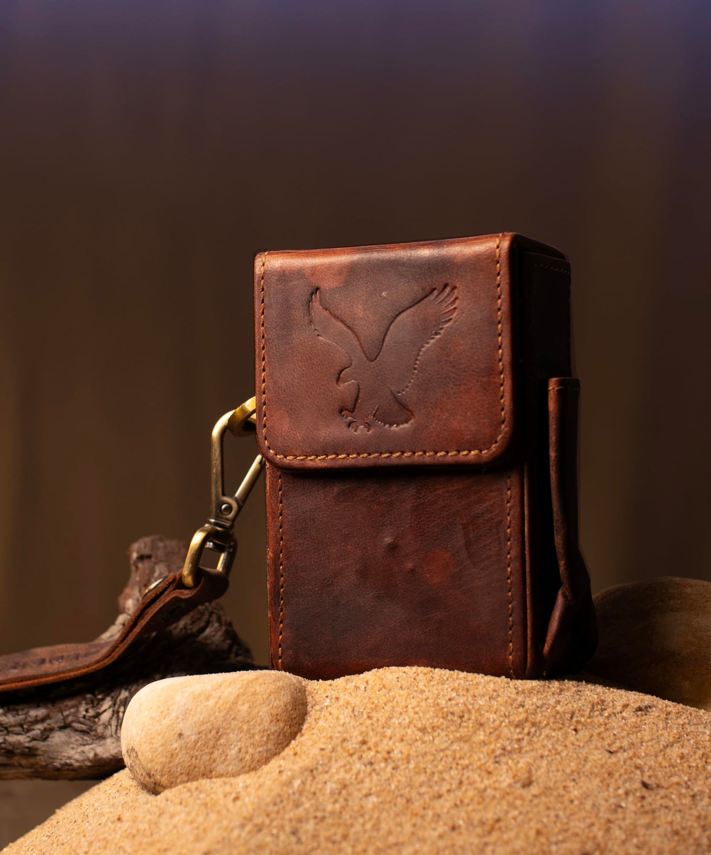 Truffle Brown Leather Flip Top Cigarette Case - Luxury Holder for Women & Men, Up to 100s Cigarette, Pack Holder with Fastener & Side Pocket for BIC Lighter