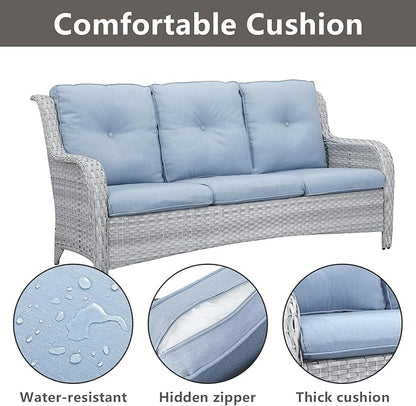 Rilyson Patio Furniture Swivel Chairs Set - 5 Piece Wicker Rattan Outdoor Sectional Conversation Sets with 2 Rocking Swivel Chairs,2 Ottomans and 1 Sofa for Porch Deck Garden(Light Grey/Sky Blue)