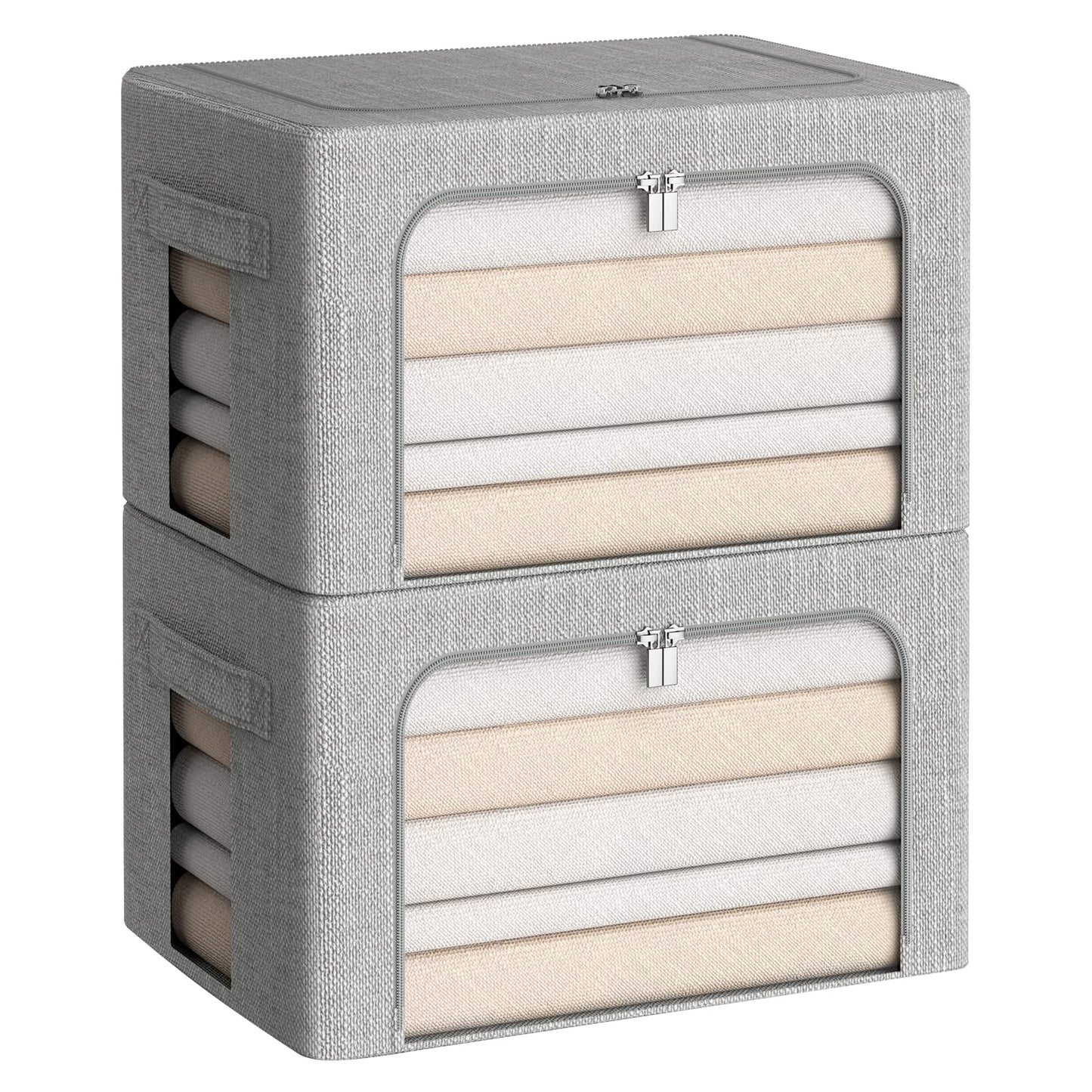 CYhom Clothes Storage Bins Box - Linen Fabric Foldable Stackable Container Organizer Set with Clear Window & Carry Handles & Metal Frame (Light Grey, Medium-36L)