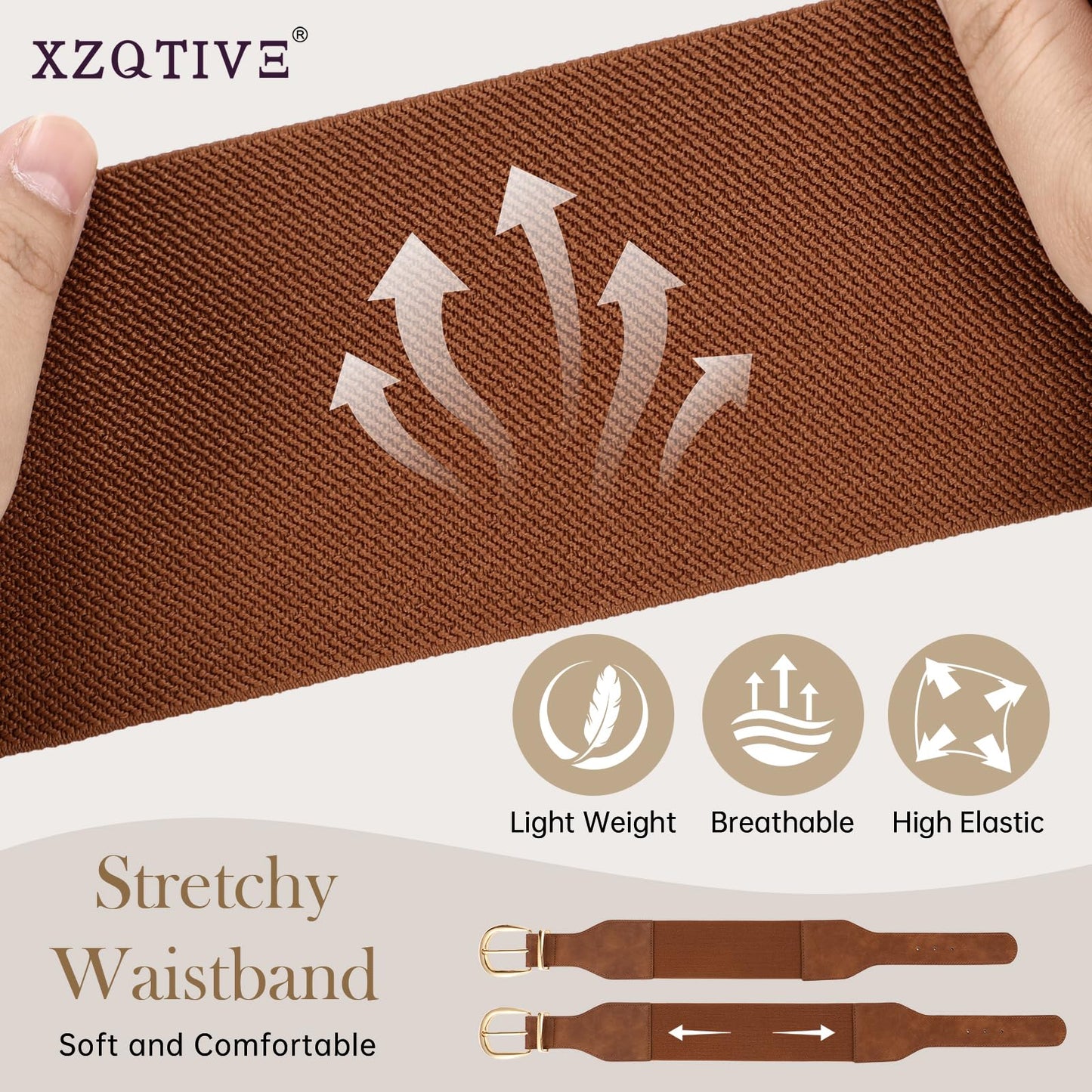 XZQTIVE Women Wide Elastic Waist Belt for Dresses Fashion Cinch Belts Stretchy Waistband with Gold Buckle, Brown(Fit Waist Size 34"-37")