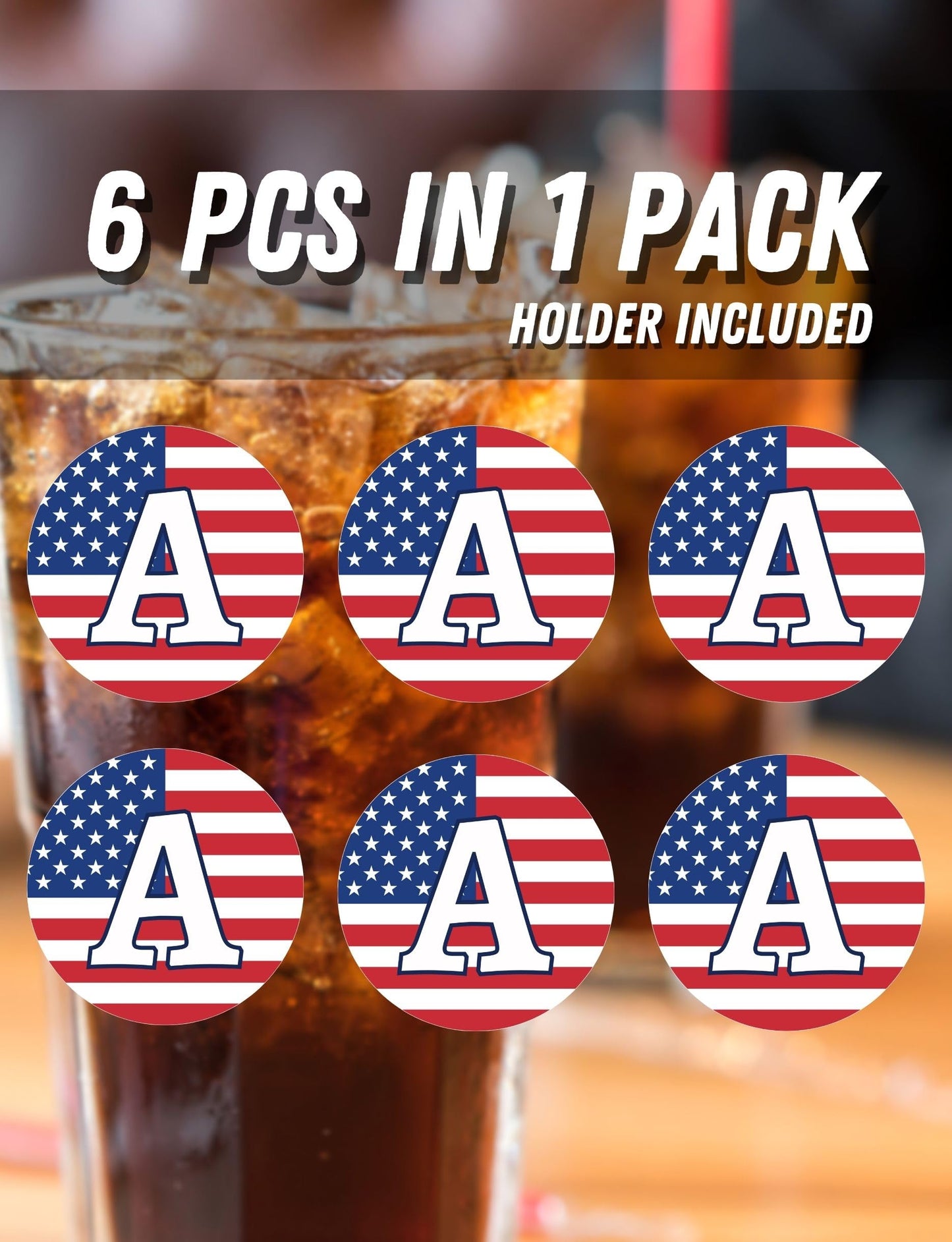 Onebttl Monogram Initial Gifts - Patriotic American Flag Ceramic Coaster Set of 6 - with Holder and Absorbent Cork Base - S