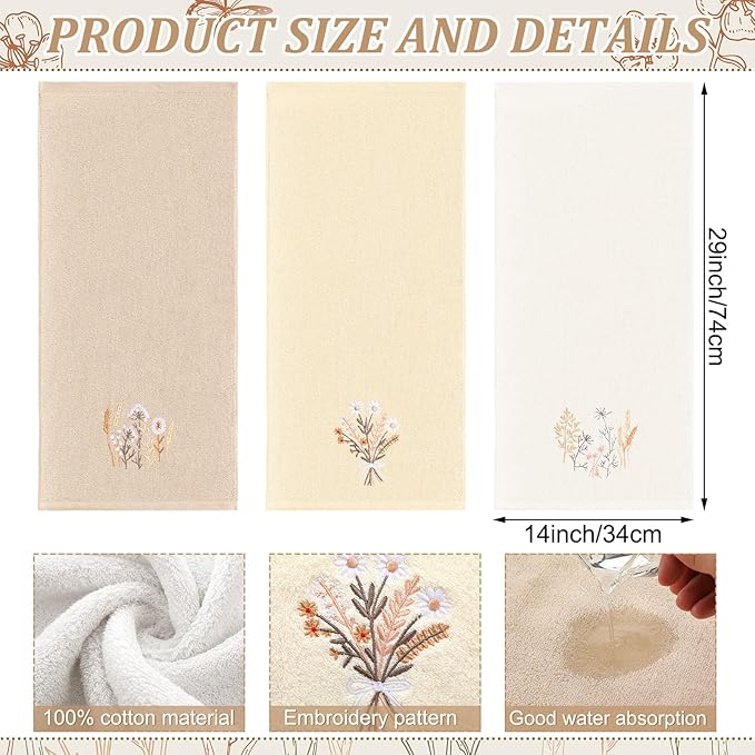 3 Pcs Boho Flowers Hand Towels Farmhouse Floral Brown Wildflowers Bathroom