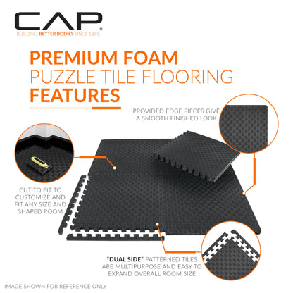 CAP Barbell 3/4-Inch Interlocking EVA Foam Exercise Puzzle Mat Home Gym Flooring - 3 Pack | 24" x 24" x 3/4" | Tatami Pattern - Black