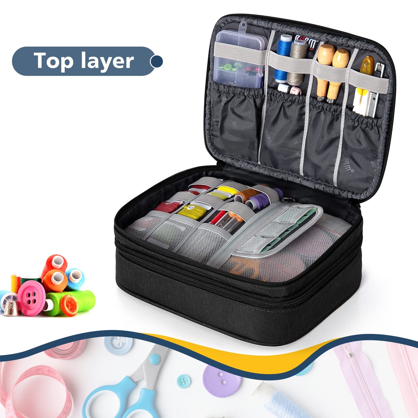 BUBM Double Layer Sewing Organizer with Detachable Dividers, Sewing Supplies Organizer for Sewing kits (BAG ONLY), Medium/Black
