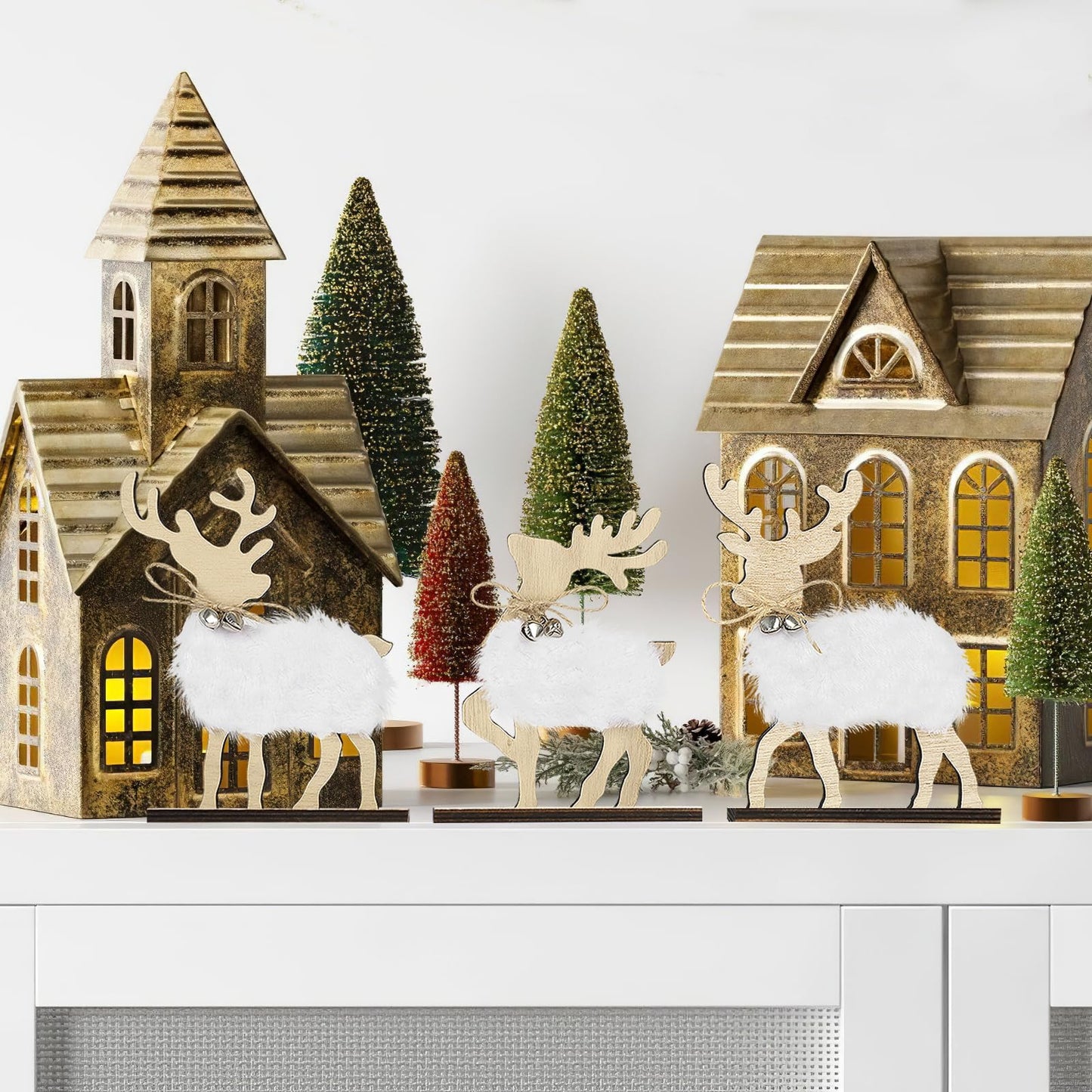 COCHIE Cute Christmas Tiered Tray Decor Indoor, Wooden Reindeer Christmas Tabletop Decorations and Xmas Tree Centerpiece, Reindeer Sign Standing Elk Decor for Home Party Decorations (Fur)