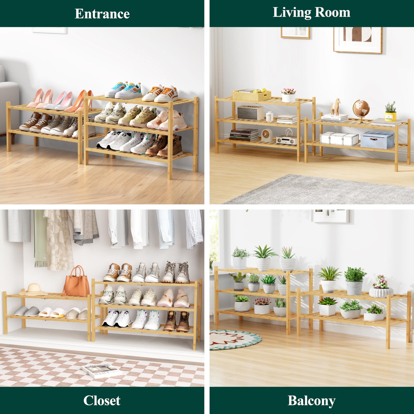 Smiry Bamboo Shoe Rack for Closet, 3 Tier Wooden Stackable Shoe Organizer, Free Standing Shoes Storage Shelf for Entryway, Front Door Entrance, Natural