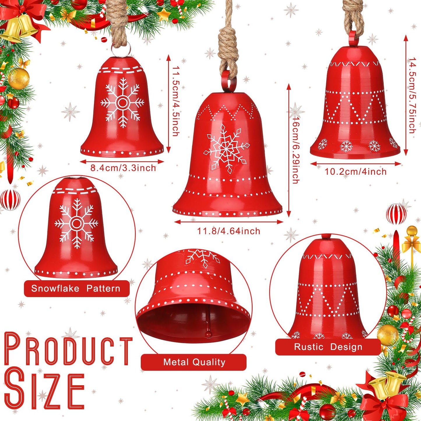 Halloscume 3 Set Snowflake Cow Bells Gift Winter Decor, Large Red Metal Bell Ornaments Decorations, Rustic Winter Outside Home Wind Chime for Christmas Tree Holiday Xmas Party Decoration