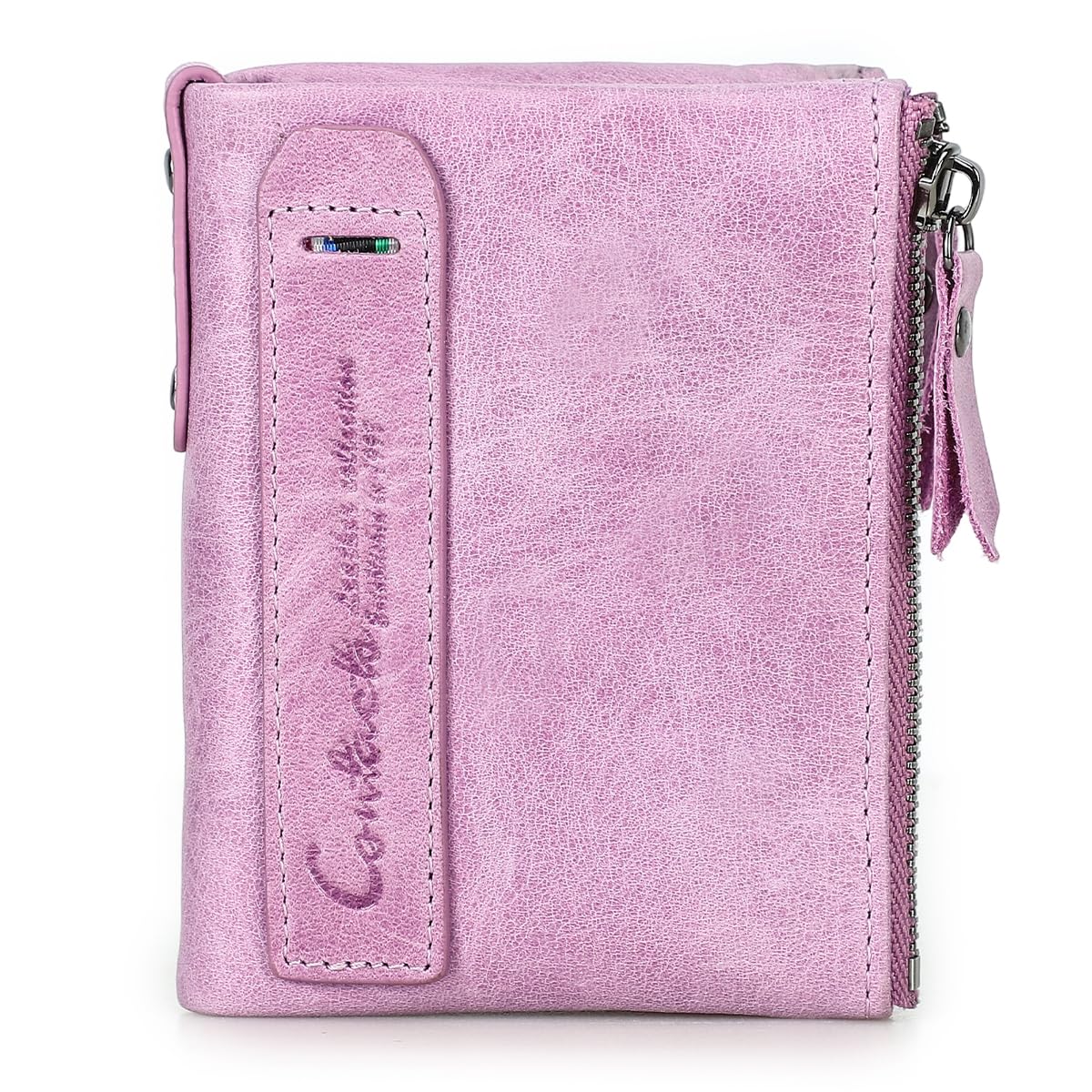 CONTACTS Soft Leather Wallet for Women Small Bifold Coin Purse Double Zipper Card Holder with RFID Blocking (Pinkish Purple)
