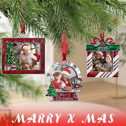 2025 Christmas Tree Ornaments Set 3 Pieces Picture Frame Ornament- Made of Zinc Alloy Glitter Powder Pendant 2.5 Inch Picture Frame for Pet and Baby Holiday Keepsake Gift(3 Pieces,2025)