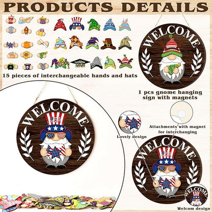 Qunclay Interchangeable Wooden Gnome Decor Holiday Seasonal Gnome Decorations with Magnet Pieces and Detachable Hats Changeable Welcome Sign for Home (Elegant Style)