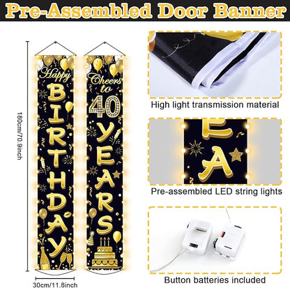 40th Birthday Party Banner Lighted Decorations for Women Men 40 Year Old Lighted Door Banners Black Gold Cheers to 40 Years 1985 Birthday Party Supplies Porch Sign with LED Light for Outside Decor