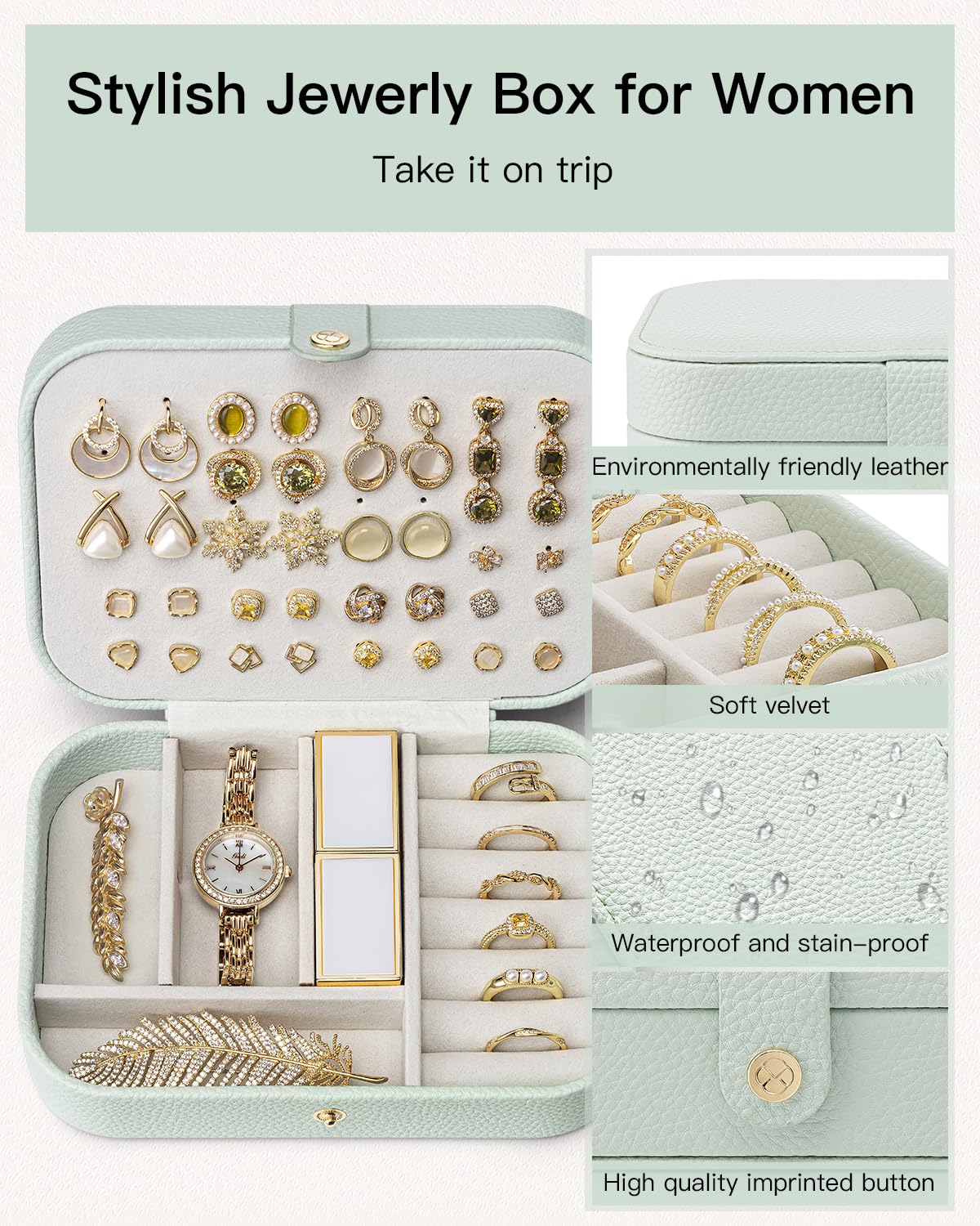 VLANDO Travel Jewelry Case for Women Girls Mothers, PU Leather Portable Small Jewelry Box for Rings, Necklaces, Bracelets, Earring Holder Organizer Storage for Travel, Bridesmaid Gifts - Mint Green