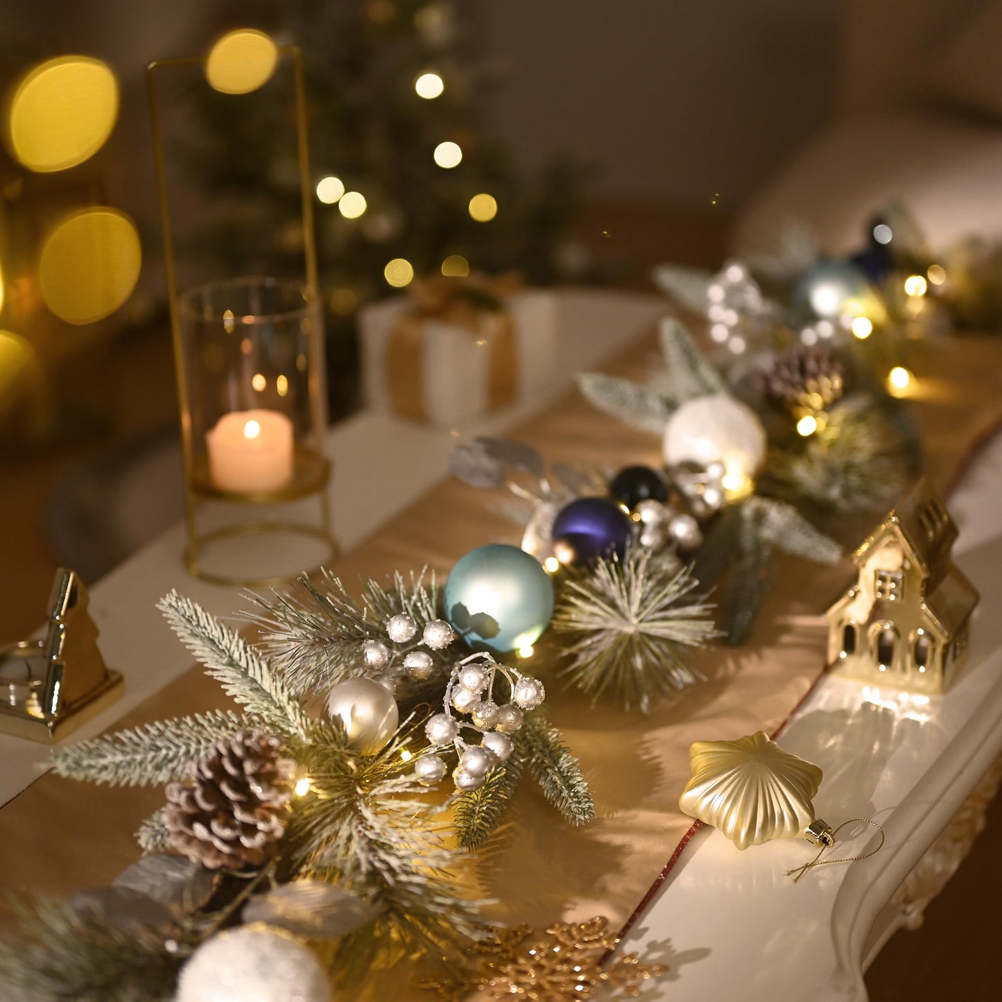 Valery Madelyn 6 Ft Pre-Lit Christmas Garland with Lights for Mantle, Lighted Outdoor Xmas Garland with Silvery Blue Balls Norfolk Pine for Home Stairs Fireplace Table Centerpiece Indoor Holiday Decor