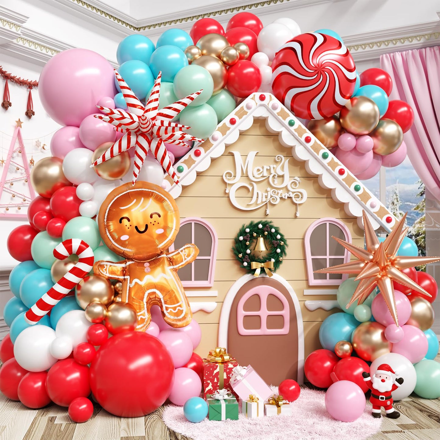 Christmas Balloon Arch Kit, Gingerbread Man Balloon Garland Kit, Red Pastel Green Pink Teal Blue Balloons Christmas Foil Balloons Candy Cane Star for Xmas Birthday New Year Party Decorations