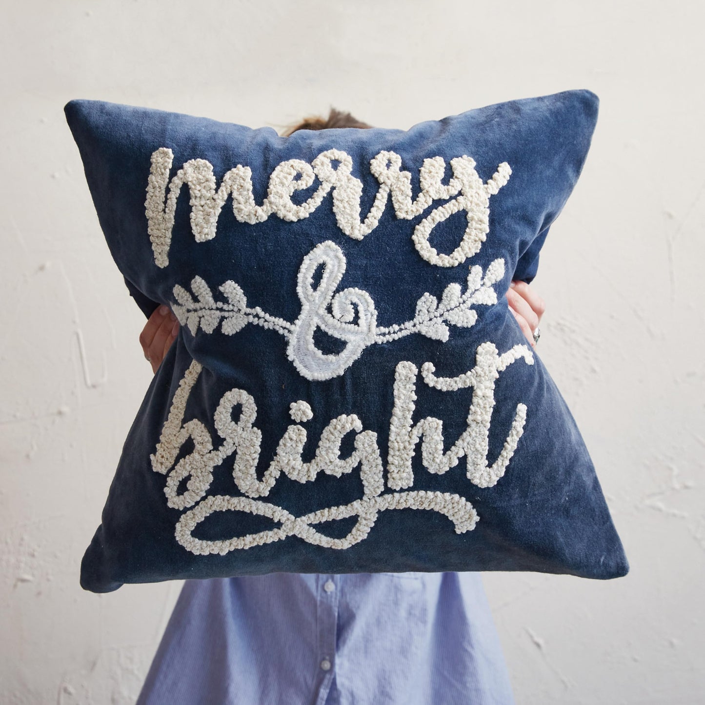 Creative Co-Op Square Cotton Velvet Pillow with Embroidered Merry and Bright, Navy Color and White