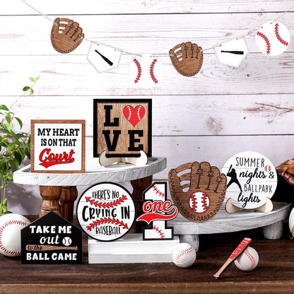 13 Pcs Baseball Tiered Tray Decor Wooden Table Centerpieces Rustic Wooden Baseball Game Sign for Fans Theme Party Ceremony
