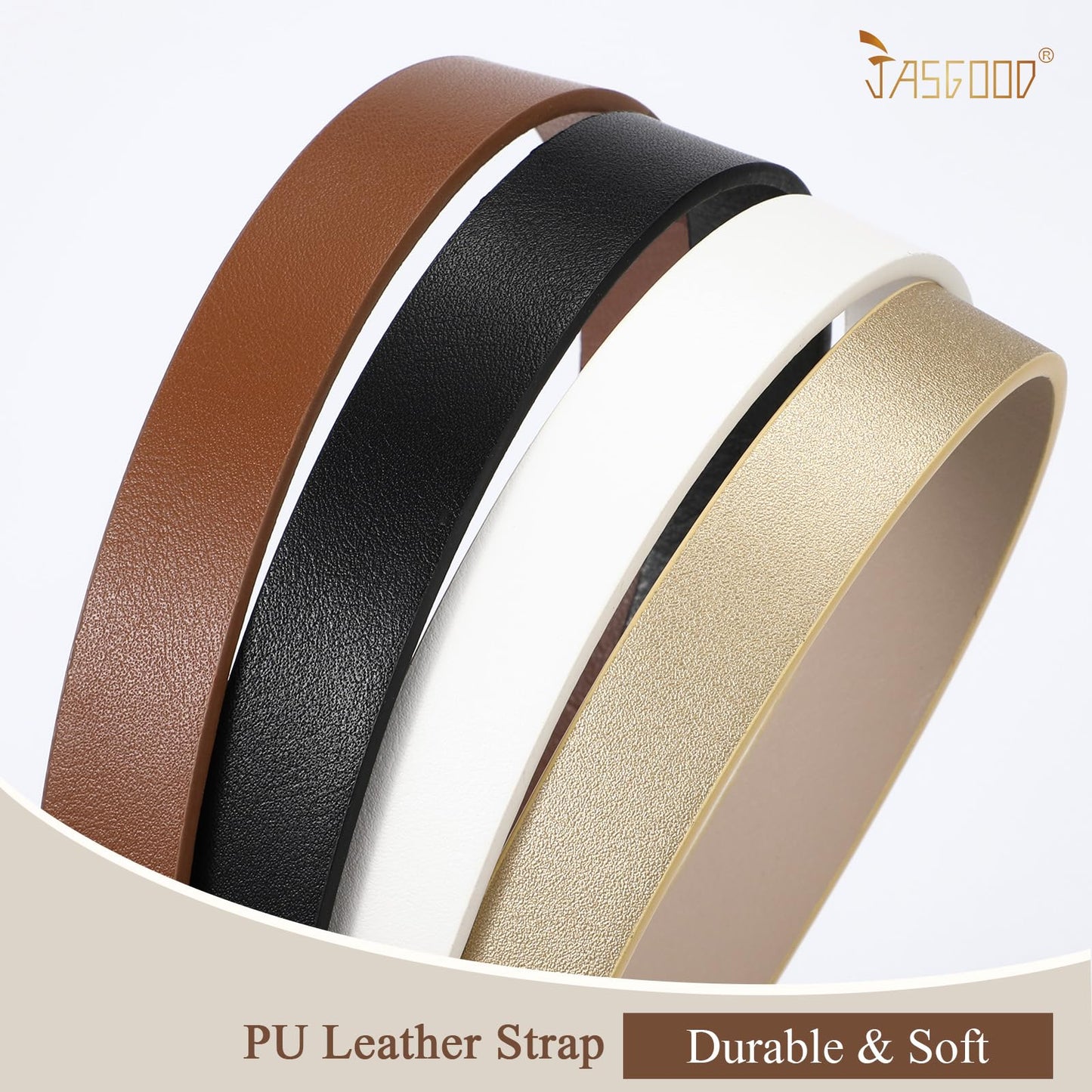 JASGOOD 4 Pack Women Skinny Leather Belt for Dresses with Gold Buckle Ladies Thin Waist Belt for Jeans Pants，Brown+Black+Gold+White