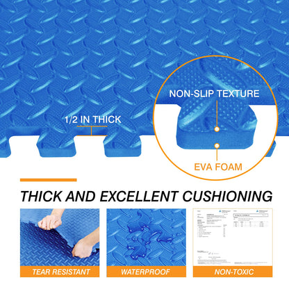 Mat Block Interlocking Foam Tiles Puzzle Mats for Floor 24 SQ FT, 1/2 inch, 6 Tiles, EVA Gym Mat Flooring Exercise Equipment Mat for Home Gym Equipment, Blue