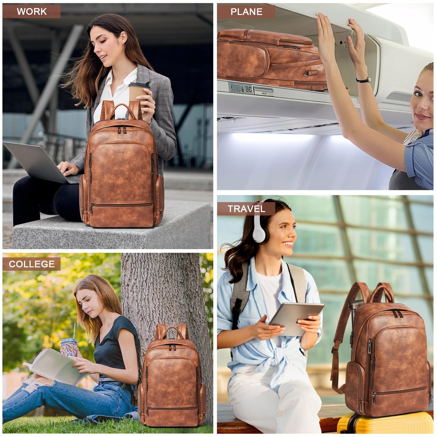 tiamyi Leather Backpack for Women Men, Fits 16.0 Inch Laptop, Soft Vegan Leather Backpack for Travel and Daily Use, Brown