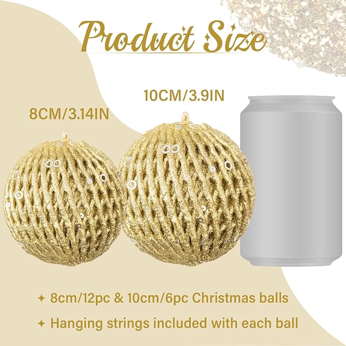 6pcs 3.94" Christmas Ball Ornaments Glitter Shatterproof Christmas Tree Ornaments Sequin Xmas Hanging Balls Decorations for Wedding Party Holiday(Gold, 6pc-10cm)