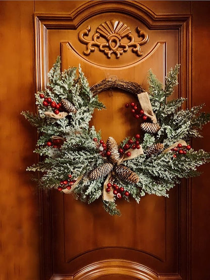 Artificial Christmas Door Wreath, Christmas Wreaths for Front Door, Window Wreaths with Pine Cone, Red Berries, Burlap Ribbon & Snowflake, Holiday Indoor/Outdoor Wreath Decorations, 23 inch