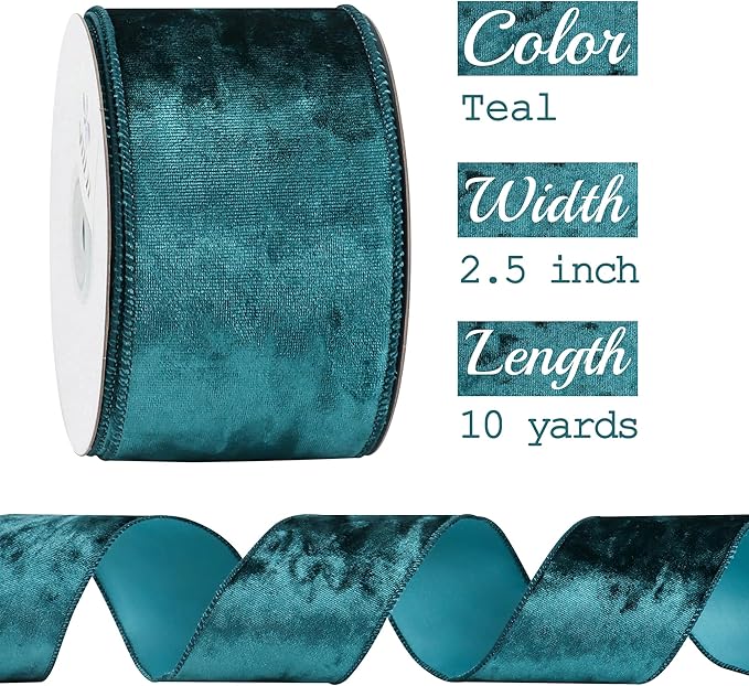 MEEDEE Teal Velvet Ribbon - 2.5 Inch Wired Velvet Crushed Teal Blue Christmas Ribbon, 10 Yards for Tree Decoration, Wreath Supplies, Crafts Bow Making