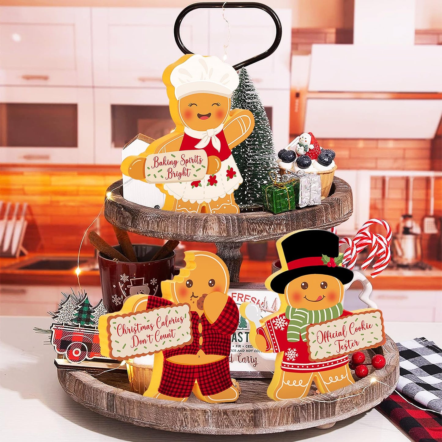COCHIE Gingerbread Man Christmas Decorations Indoor, Cute Gingerbread Man Tiered Tray Decor Set of 3, Wooden Gingerbread Man Blocks Xmas Table Decoration for Party Home Office Shelf Door (Kitchen)