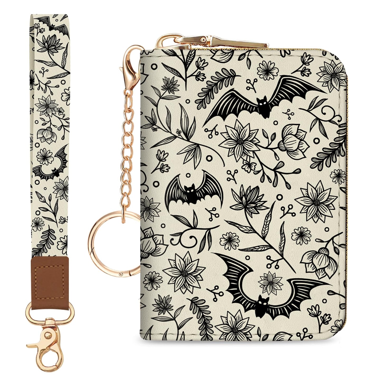 Blusabaca Credit Card Holder for Women, Goth Small RFID Blocking Wallet with Wristlet Strap, Gothic Zipper Keychain Women Wallet, Leather Card Case Wallet Purse with Key Lanyard