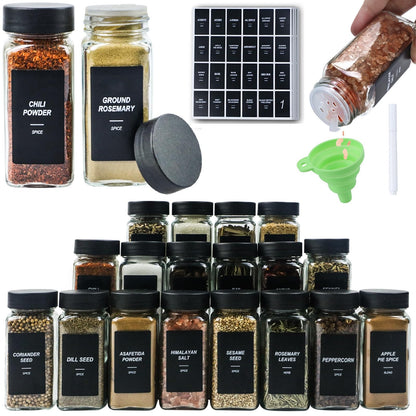 24Pcs Spice Jars Containers with Labels，4oz Black Seasoning Bottles with Shaker Lids for Rack, Cabinet, Drawer,Empty Square Condiment Pots (24, Black)