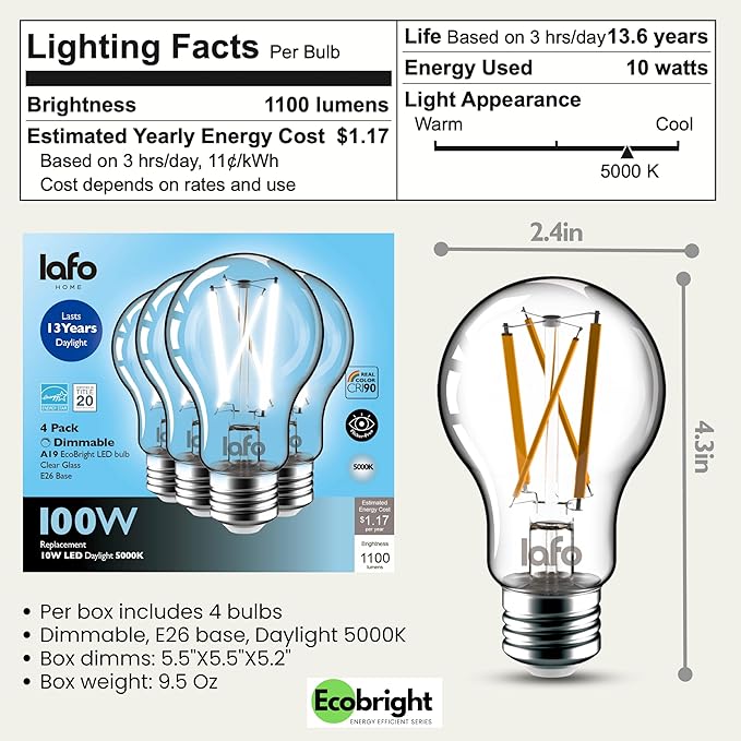 EcoBright 8PK Dimmable A19 LED Filament Bulb, 10W (100W Equivalent), E26 Base, 1100 Lumens, CRI90+, Flicker-Free Clear Glass, Energy Star Title 20, Daylight 5000K,