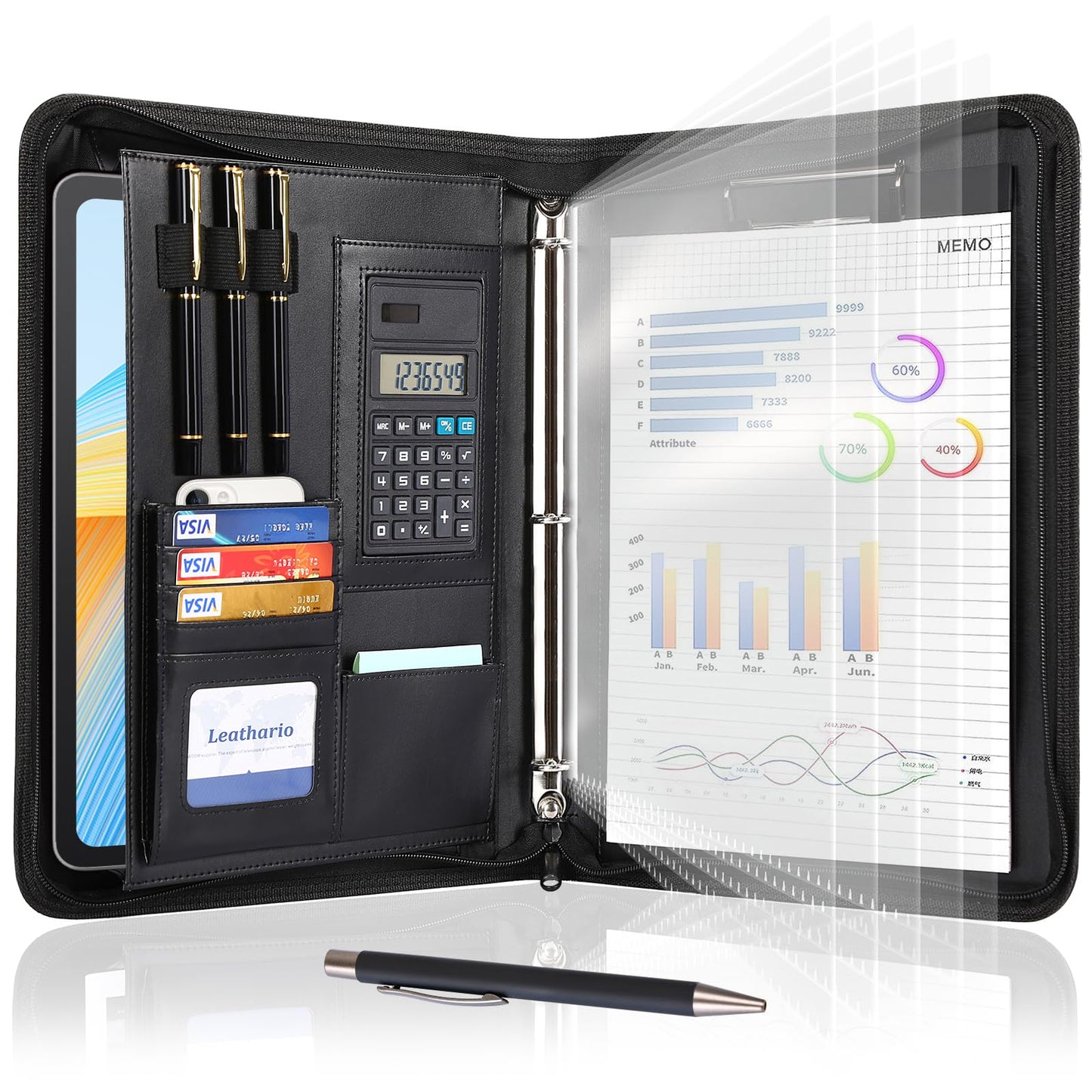 Leathario Portfolio Binder, Includes 10 Sheet Protectors and a Pen, 13 Inch Tablets Organizer, Vegan Leather A4 Padfolio, Multi-Pocket Notepad Business Planner Professional 3 Ring Document