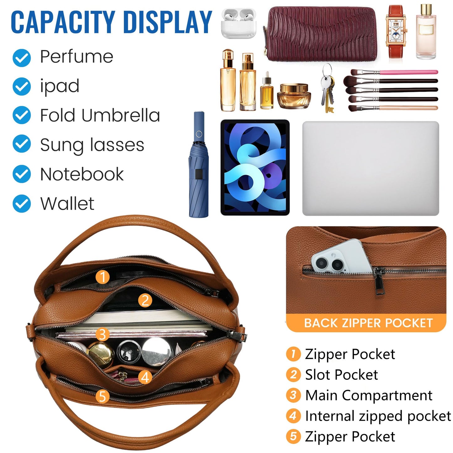 KOGTLA Women's Large Pebbled Leather Purses with Satchel Strap, Ladies Vegan Leather Tote Handbags, Hobo Shoulder Bags Brown