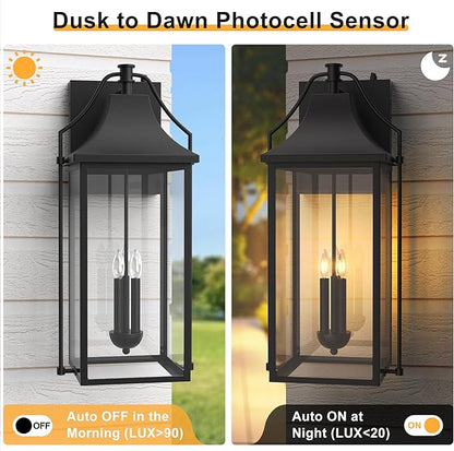 𝟐𝟓-𝐈𝐍𝐂𝐇 Dusk to Dawn Outdoor Wall Light, Large Size Waterproof Patio Lanterns, 3-Light Exterior Wall Mount Lantern Sconce with Glass, Black Wall Sconces for House Garage Front Door
