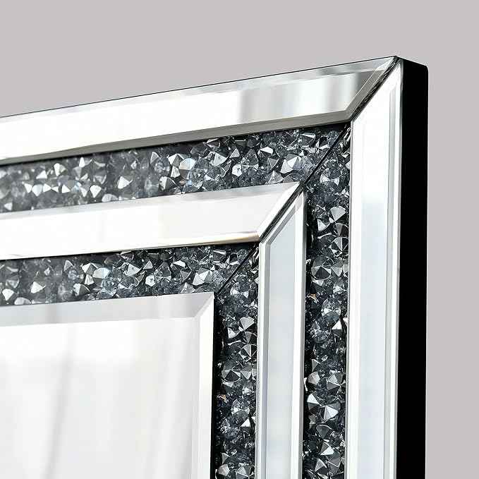 KOHROS Crystal Crush Diamond Rectangle Silver Mirror for Wall Decoration 48x32inch Frameless Wall Mirror Acrylic Diamond Decor Vertically or Horizontally Hanging