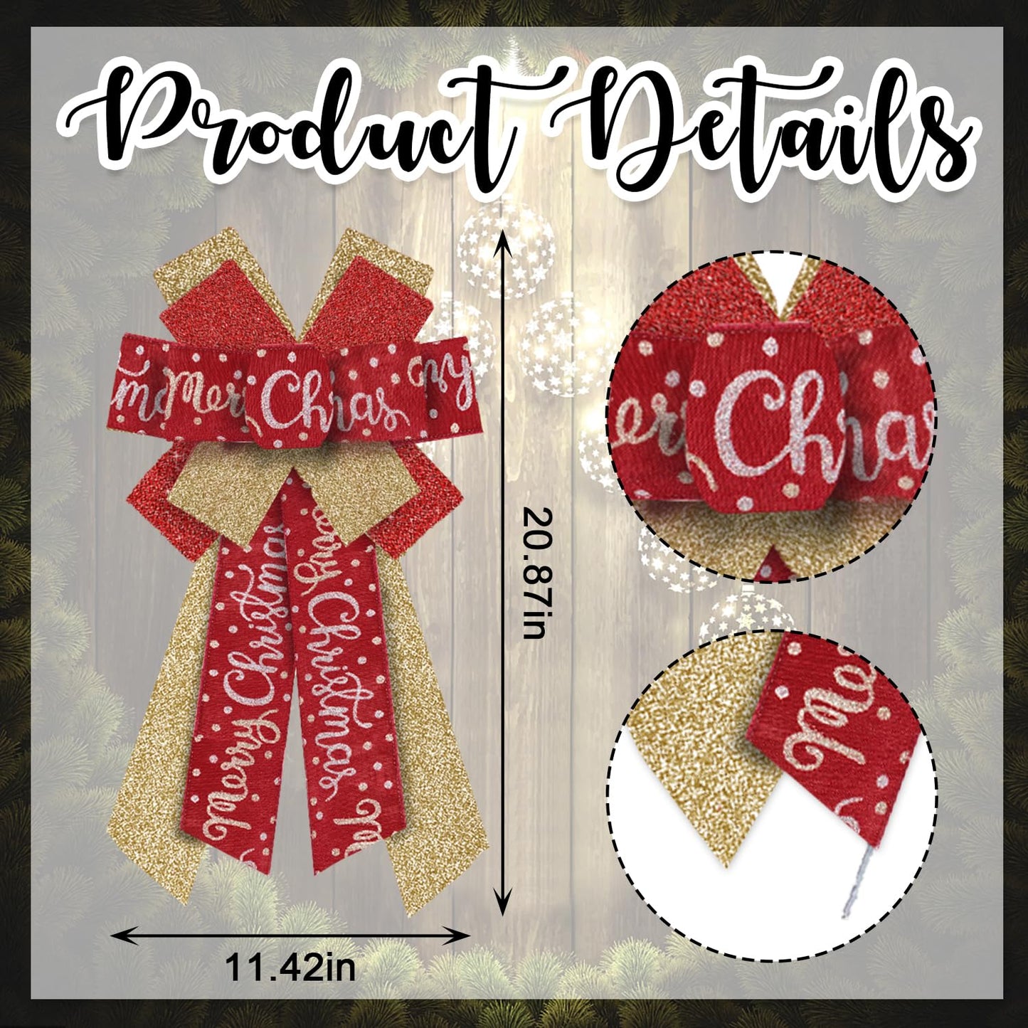 Hying Large Christmas Bows for Wreath, Christmas Wreath Bow Glitter Golden Red Burlap Bows Xmas Tree Topper Bows Ornaments for Front Door New Year Christmas Party Decoration Supplies