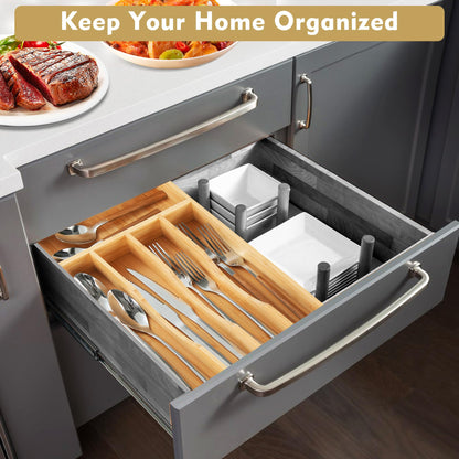Bamboo Kitchen Drawer Organizer, 9 Inch Silverware Utensil Holder for Samll Drawer, Narrow Silverware Organizer for Cutlery Knives