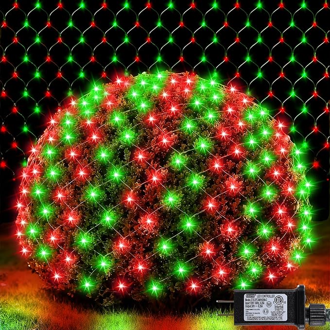LitHome 14.8FT x 5FT Christmas Net Lights Outdoor, 300 LED Red Green Bush Lights with 8 Modes, Connectable Waterproof Net Mesh Light Dark Green Wire for Bushes Shrubs Outdoor Christmas Holiday Decor