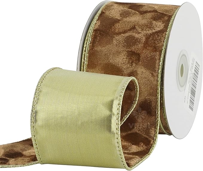 MEEDEE 2-1/2 inch Brown and Gold Velvet Ribbon 10 Yards Spool Two Tone Wired Ribbon for Christmas Tree, Gift Wrapping, Thanksgiving Wreaths, Fall Velvet Bow, Crafts Supply, Seasonal Decorations