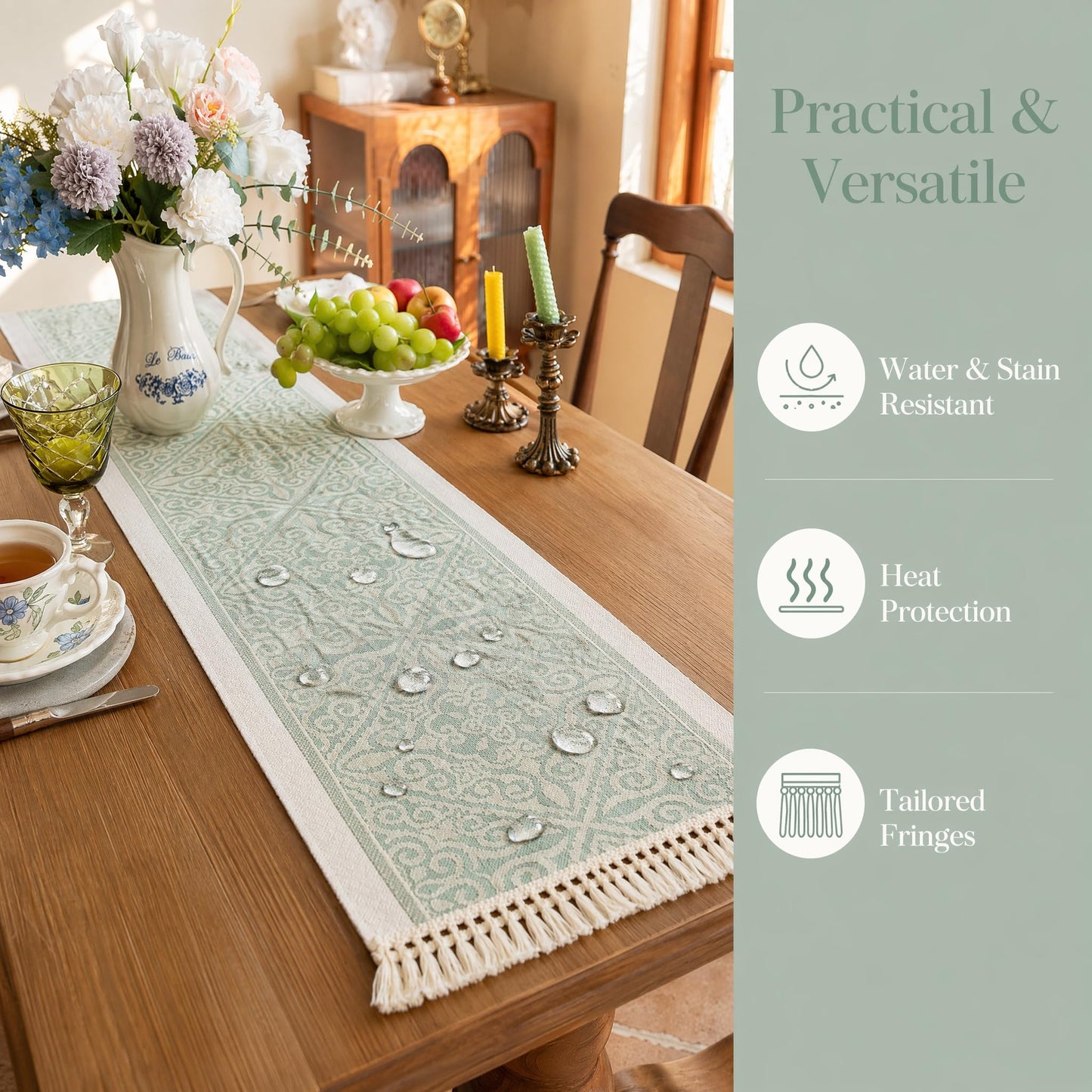 UWWGKK Spillproof Boho Table Runner with Tassels, Nordic Norland Woven Linen Textured Dresser Scarf, Heavy Duty Water Resistant Farmhouse Decor for Dining and Coffee Table, Beige, 14x107 Inches