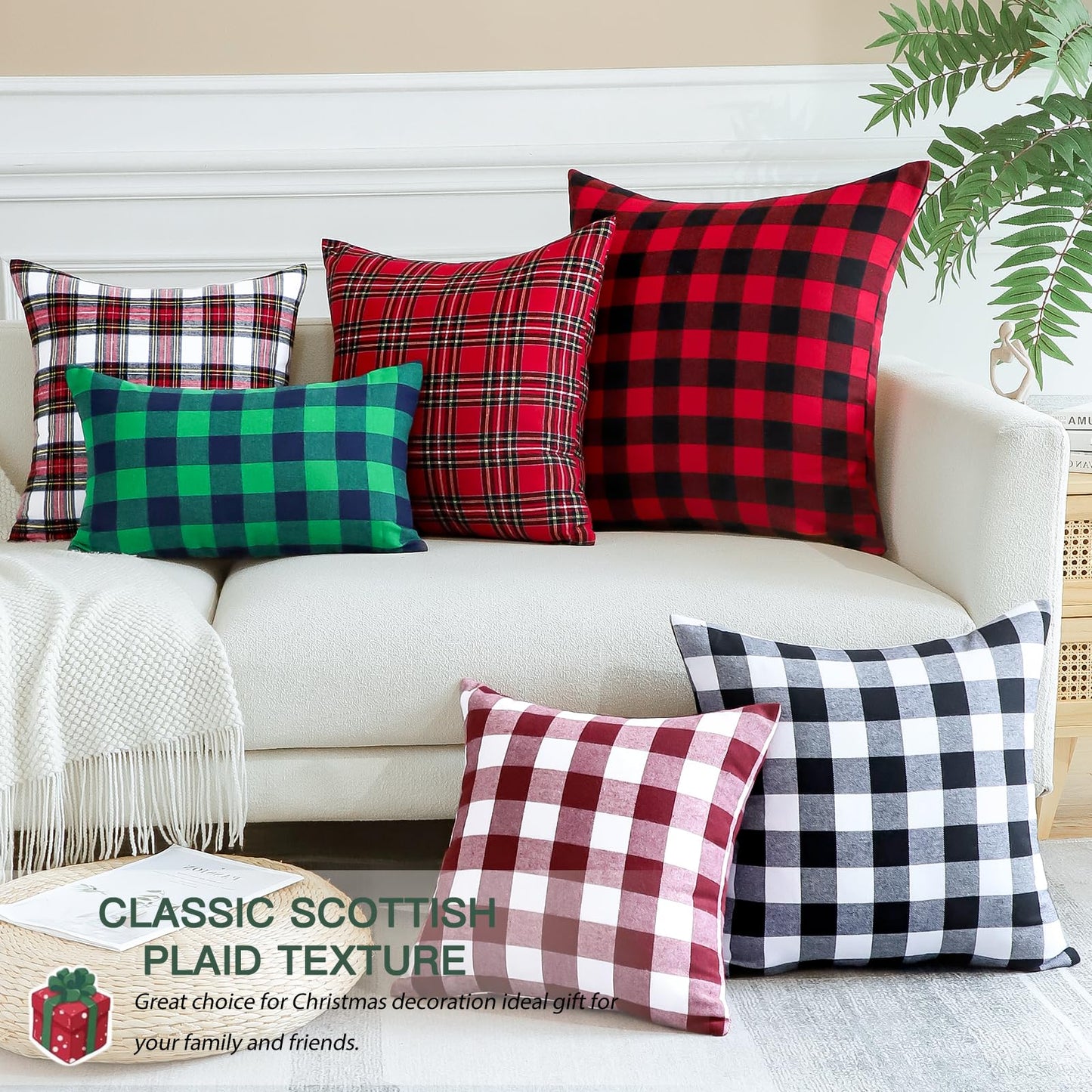 OTOSTAR Christmas Scottish Tartan Plaid Throw Pillow Covers Farmhouse Classic Decorative Square Cushion Cases Soft Pillowcases for Decor Sofa Couch 20x20 Inch Set of 2 (Red White)