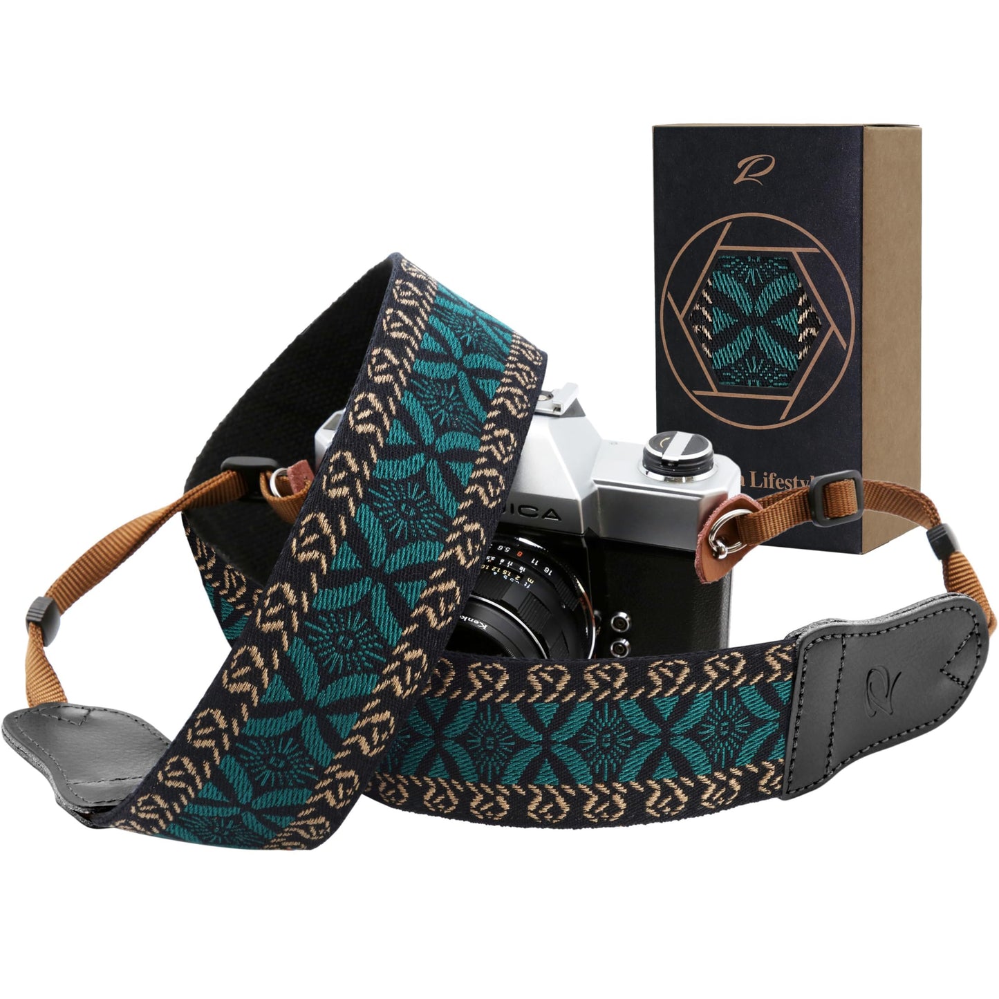 Padwa Lifestyle Mystic Green Embroidered Camera Strap - Double Layer Cowhide Ends,2" Cotton Vintage Camera Straps, Adjustable Neck & Shoulder Strap for All DSLR Cameras,Great Gift for Photographers