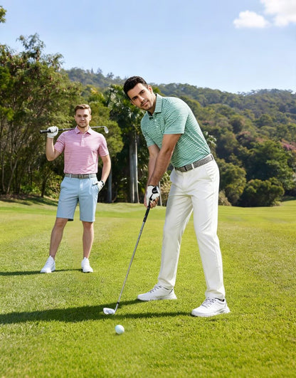 M MAELREG Mens Golf Shirt Short Sleeve Dry Fit Striped Casual Moisture Wicking Collared Golf Polo Shirts for Men Rose White