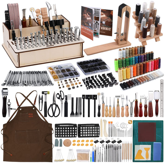 628Pcs Leather Working Tooling Set for Beginners, Starter Working and Tool Supplies with Leather Pony, Tooling Box, Stamping Punching Tools, Sewing Thread, Rivets Kit for DIY Crafts