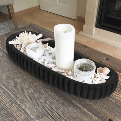 Oakrain Wooden Decorative Bowl for Home Decor, 16" Rustic Dough Bowl with Hand Carved Vertical Stripes, Long Wood Tray for Table Centerpieces, Matte Black