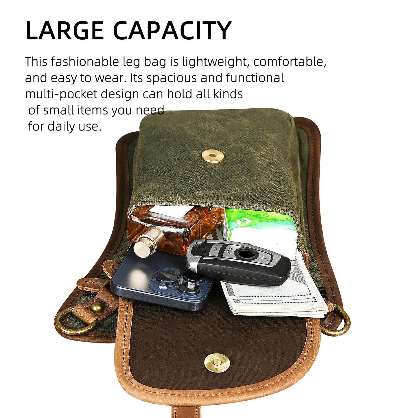 Handadsume Canvas + Leather Motorcycle Travel Fanny Waist Pack Drop Thigh Leg Bag Pouch For Men Women FB2141 (2141-The Army Green)