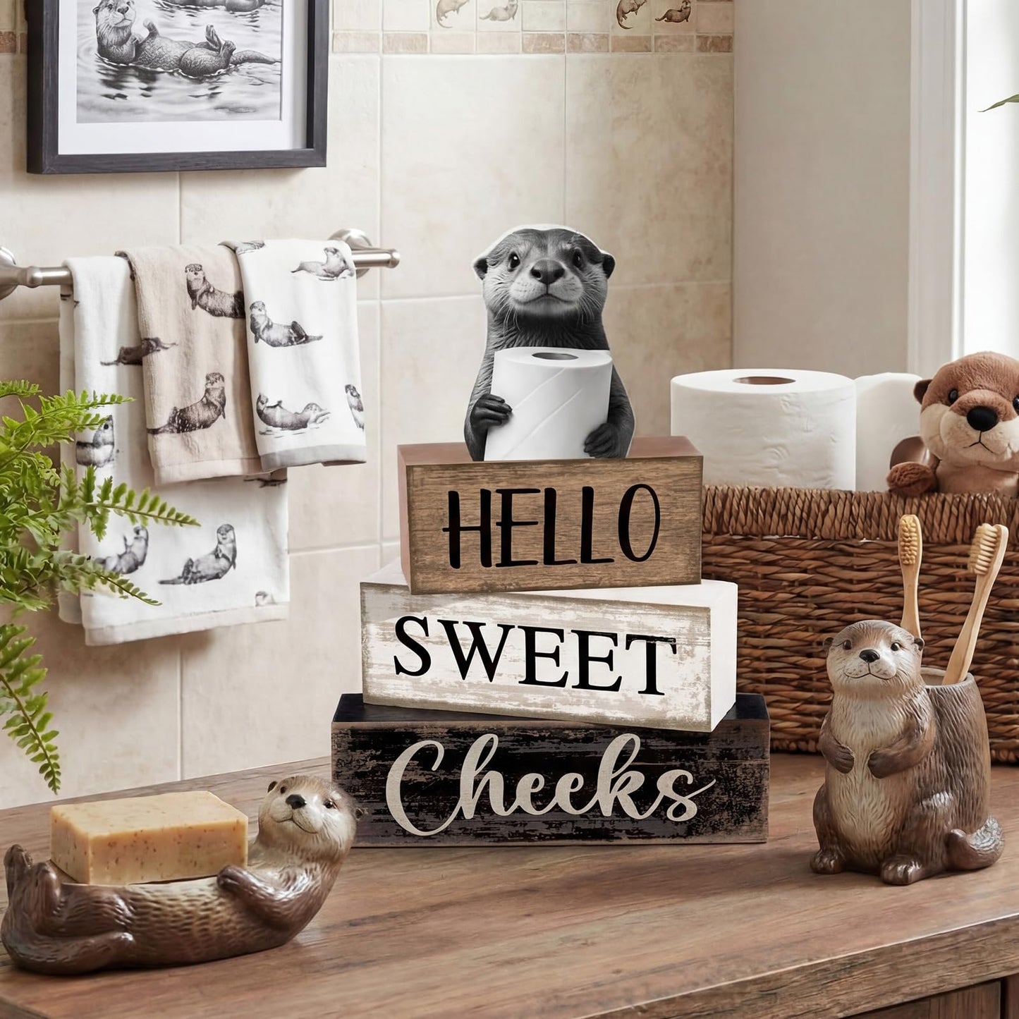 Moucuny 4 Pcs Otter Bathroom Decor Set Farmhouse Bathroom Decor and Accessories Rustic Hello Sweet Cheeks Wooden Blocks Signs with Toilet Paper Funny Toilet Shelf Decoration for Home Office Half Bath