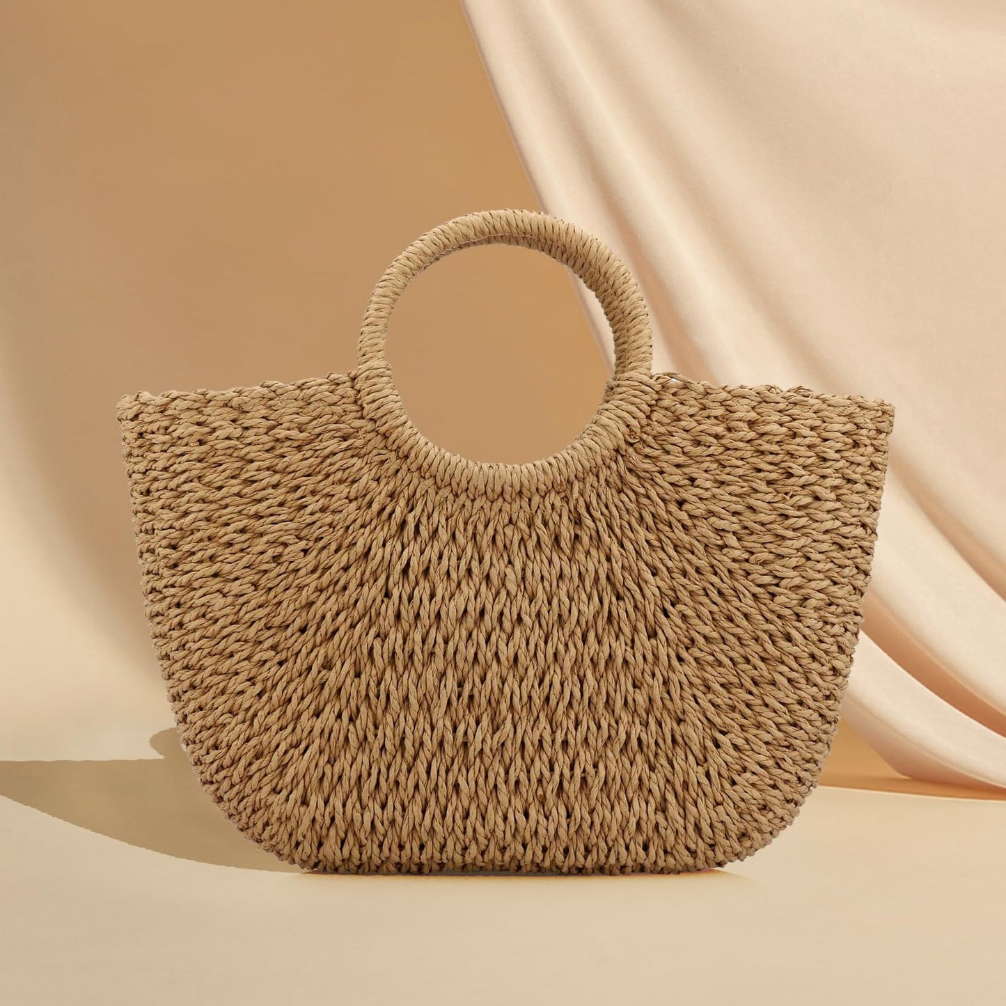 Women Summer Beach Bag, Straw Handbag Top Handle Big Capacity Travel Tote Purse Hand Woven Straw Large Hobo Bag (Brown)