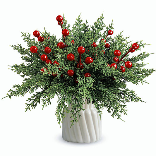 60Pcs Christmas Decorations-11.8'' Artificial Pine Branches with 7.9'' Red Berry Stems, Christmas Decor Faux Pine Greenery Stems, Christmas Tree Decorations & Christmas Picks for Indoor Outdoor