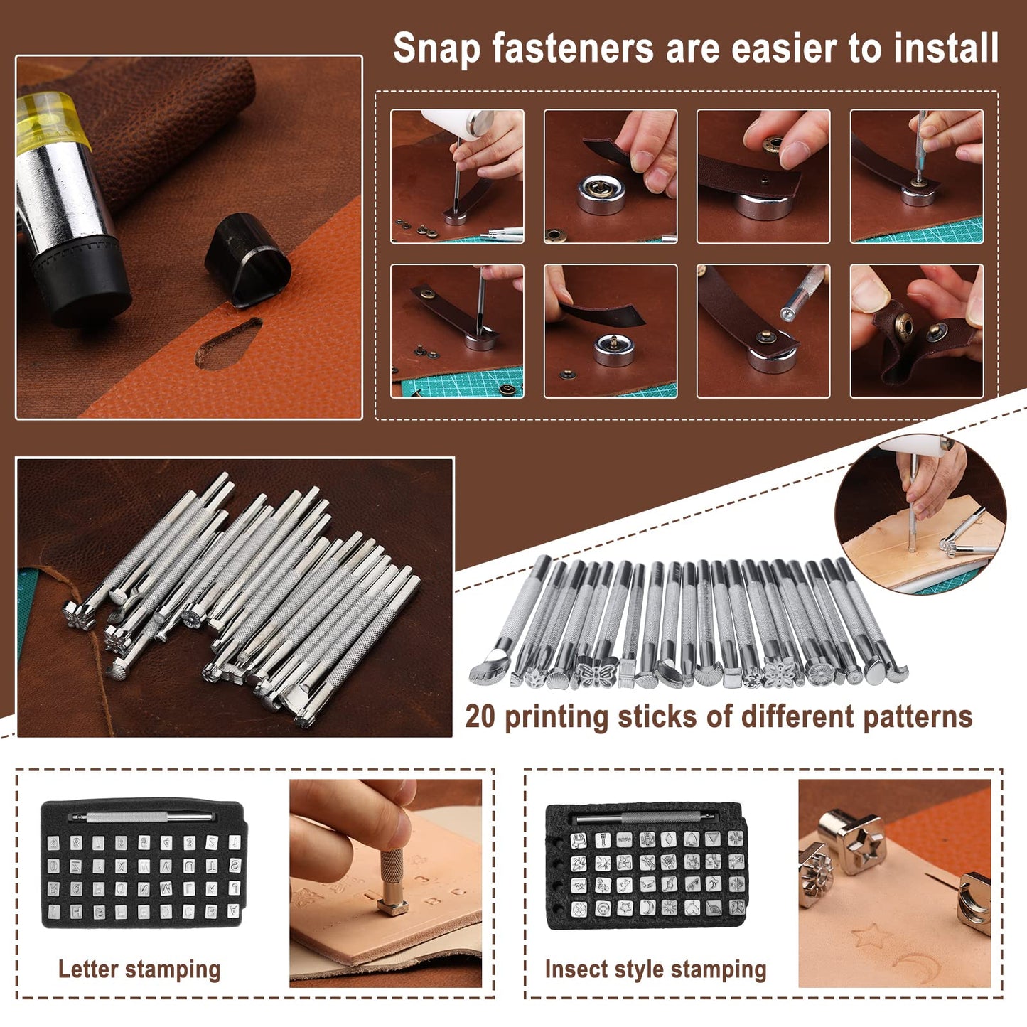 628Pcs Leather Working Tooling Set for Beginners, Starter Working and Tool Supplies with Leather Pony, Tooling Box, Stamping Punching Tools, Sewing Thread, Rivets Kit for DIY Crafts